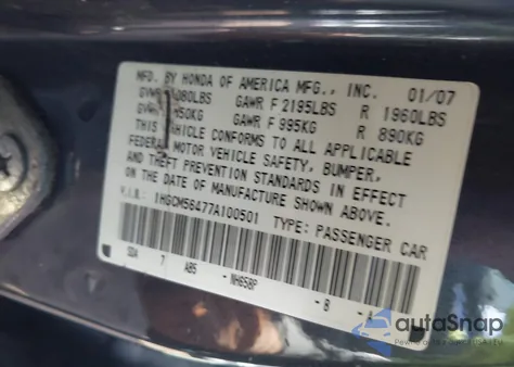 2007 Honda Accord 2.4 Lx z USA, uszkodzony, nr VIN 1HGCM56477A100501